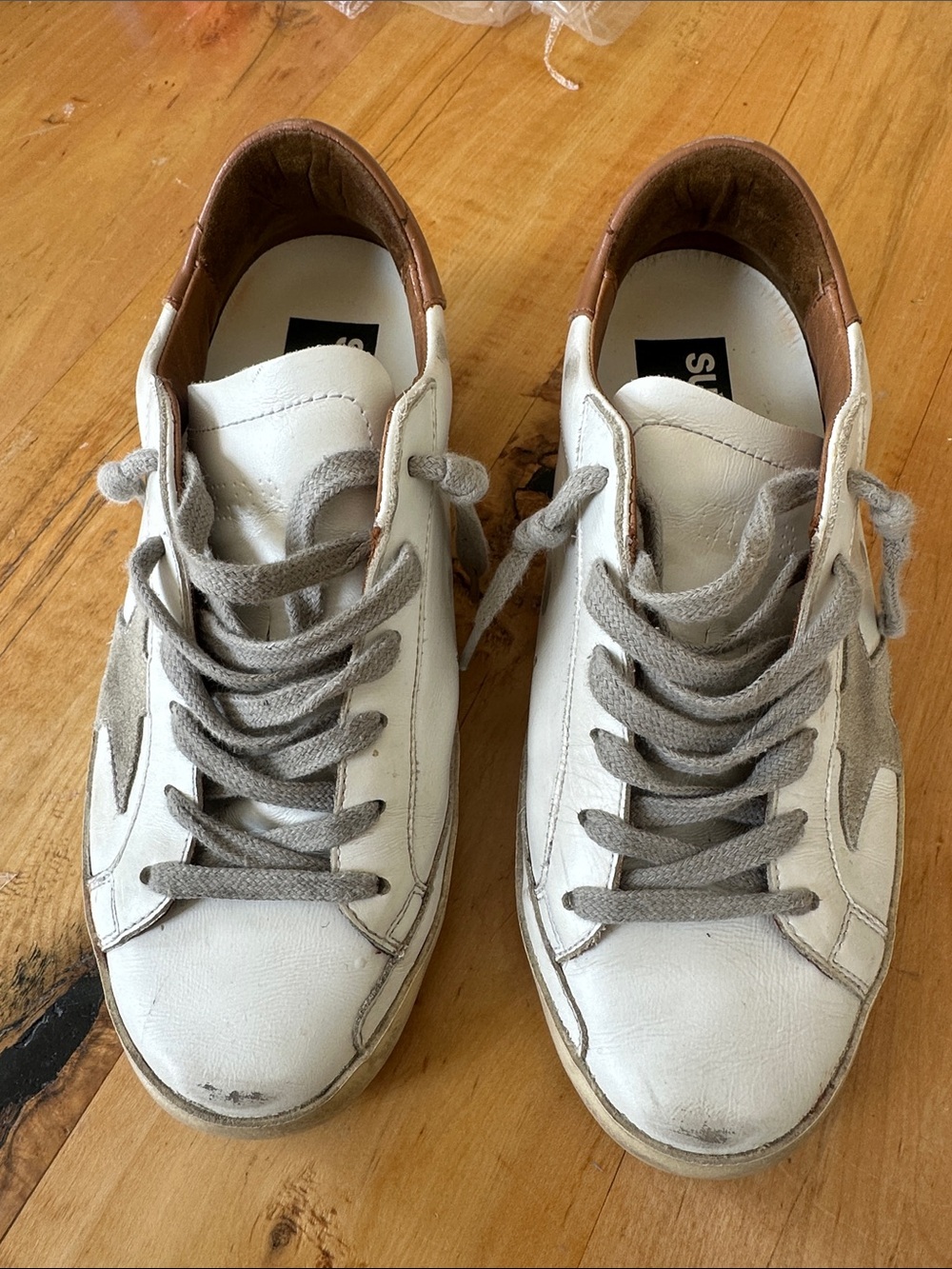 Golden Goose Super-Star White Leather Sneakers with Tan/Brown Heel Accent
